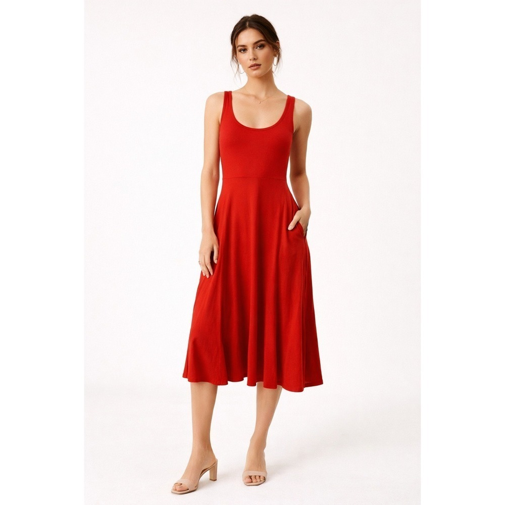 Olivia Rae Red Scoop Neck Midi Dress Sleeveless Fit Flare Pockets Size S NWT